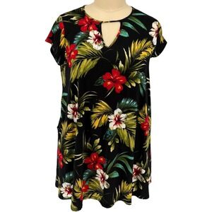 Vibe Sportswear Shift Dress Black Tropical Floral Keyhole Pockets 2X
